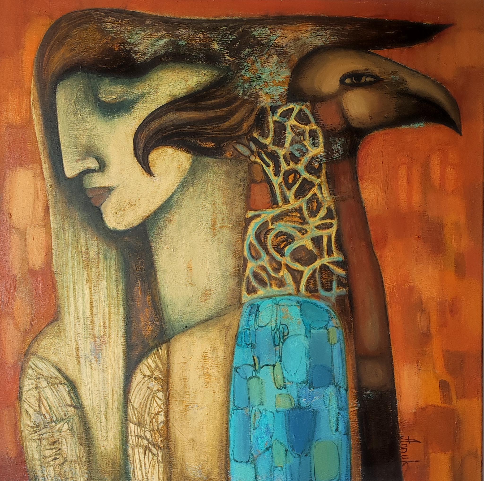 We are the same. Warm colors, friendship, man with a bird, together, closed eyes
