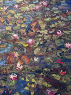 " Ninfee " stagmp con ninfee colorate Olio su tela cm. 100 x 120 anno 1990