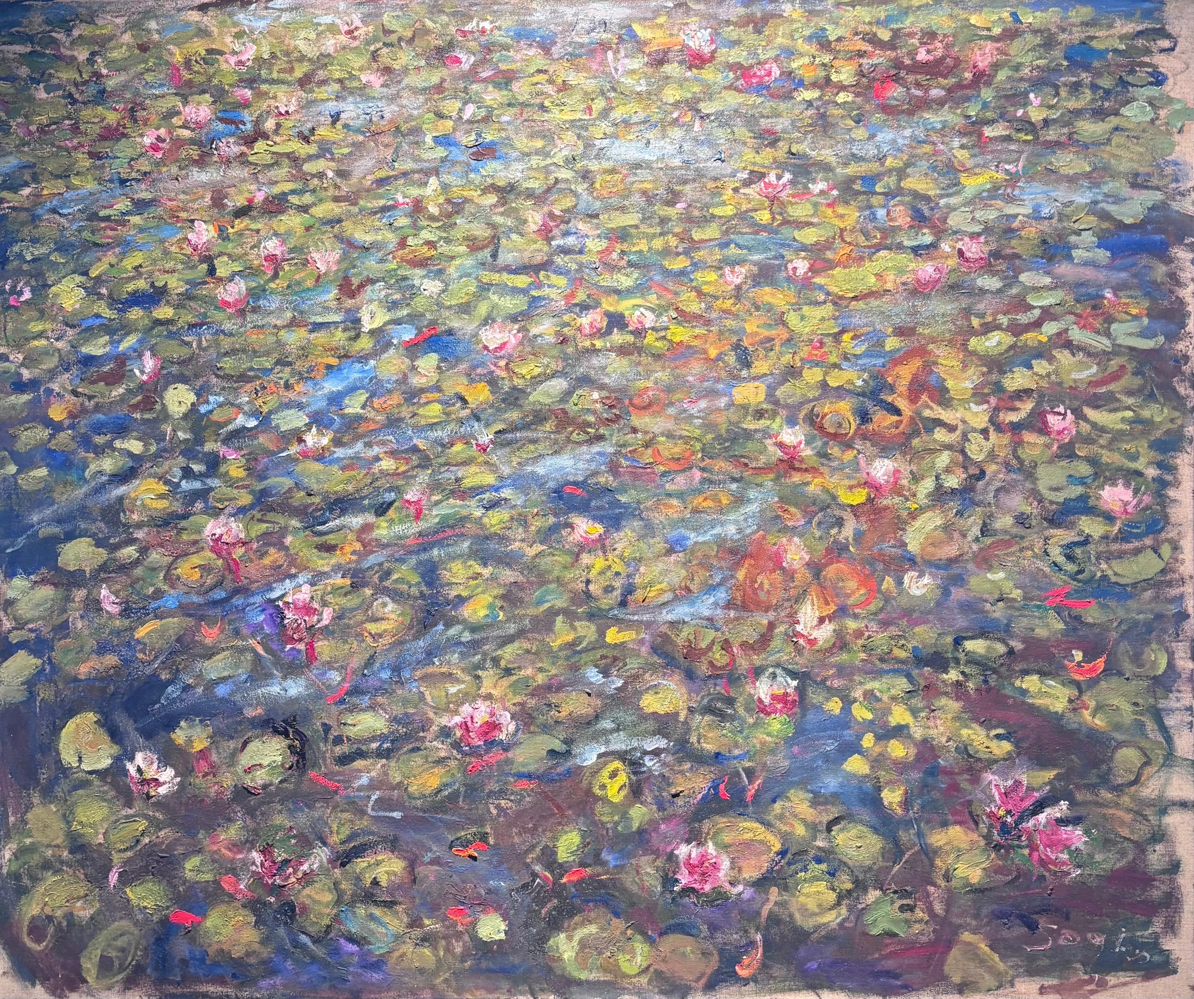 Anna Sogno Figurative Painting - " Ninfee " stagmp con ninfee colorate Olio su tela cm. 100 x 120 anno 1990