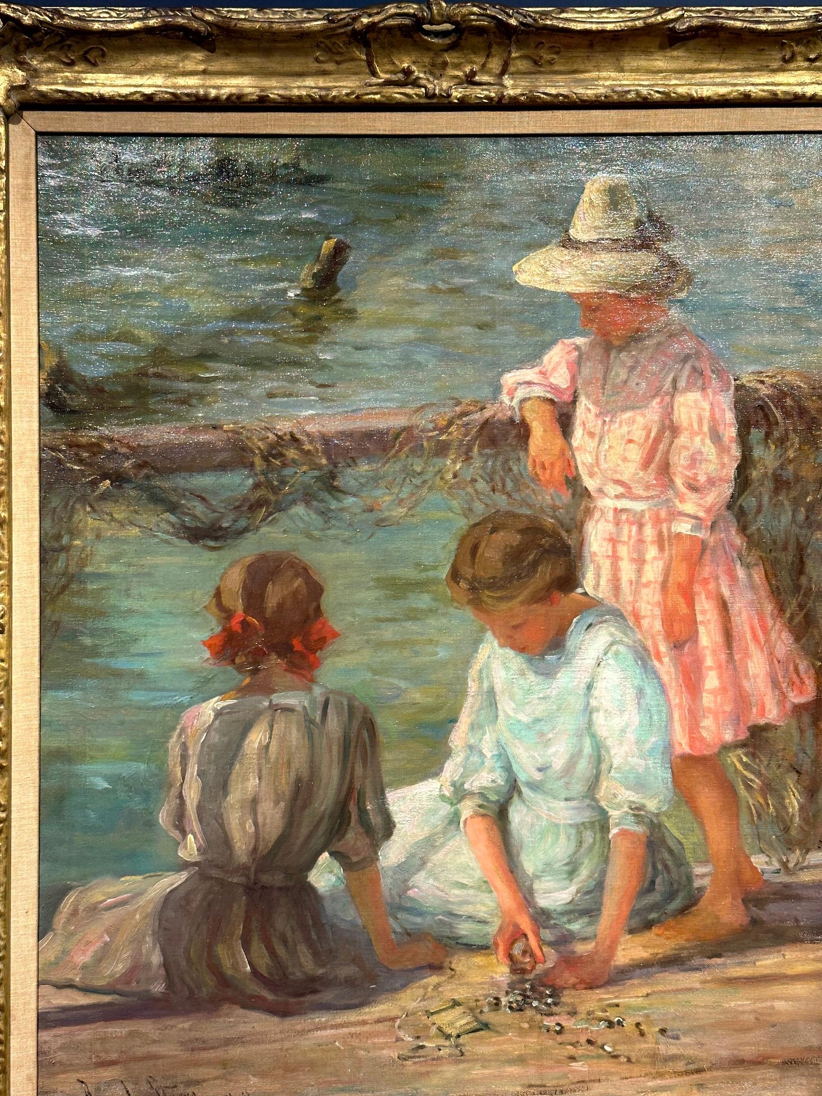 Impressionista americano di tre ragazze che giocano in riva al fiume in estate - Painting di Anna Strong