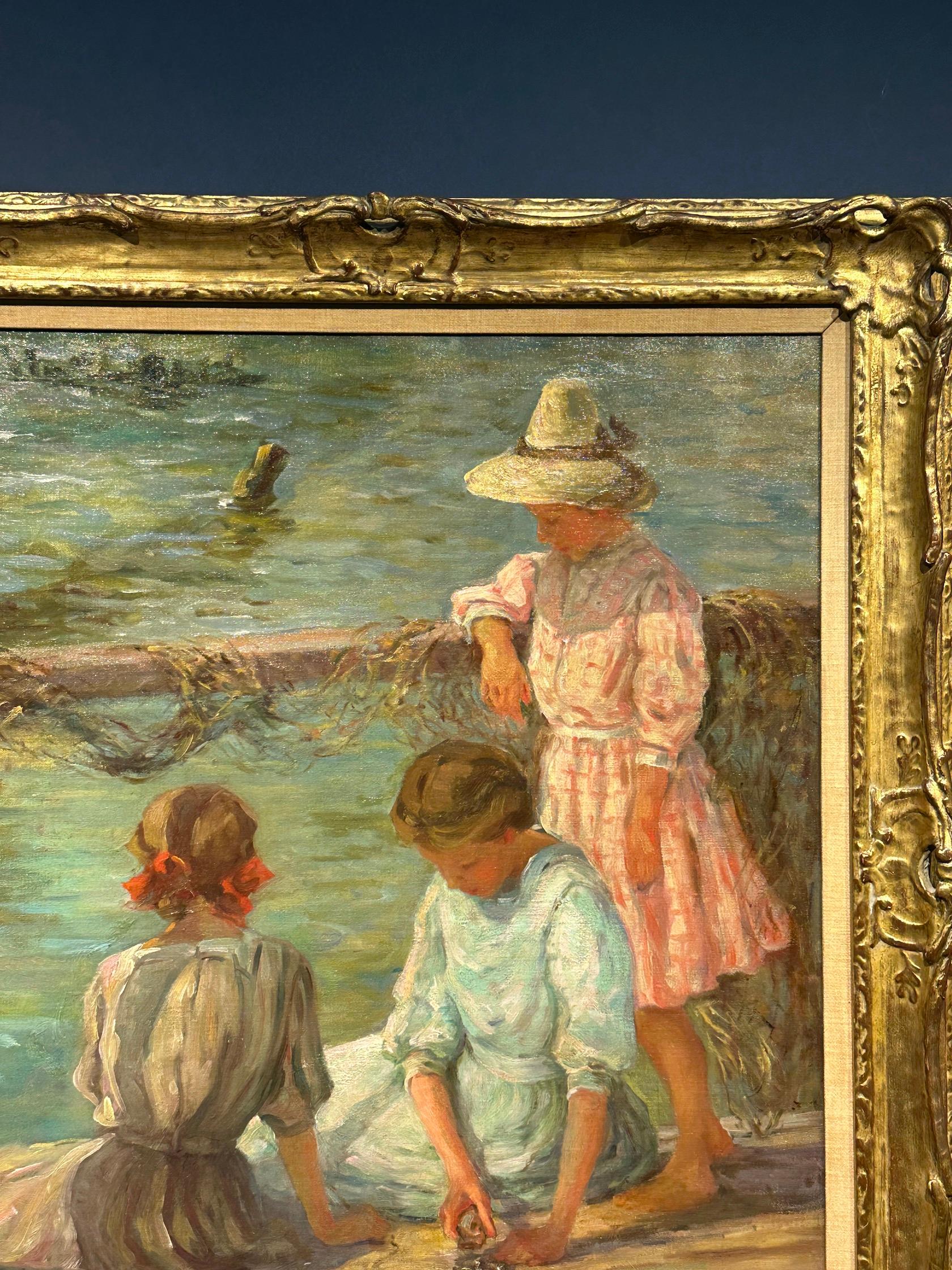 Impressionista americano di tre ragazze che giocano in riva al fiume in estate - Painting Impressionismo americano di Anna Strong