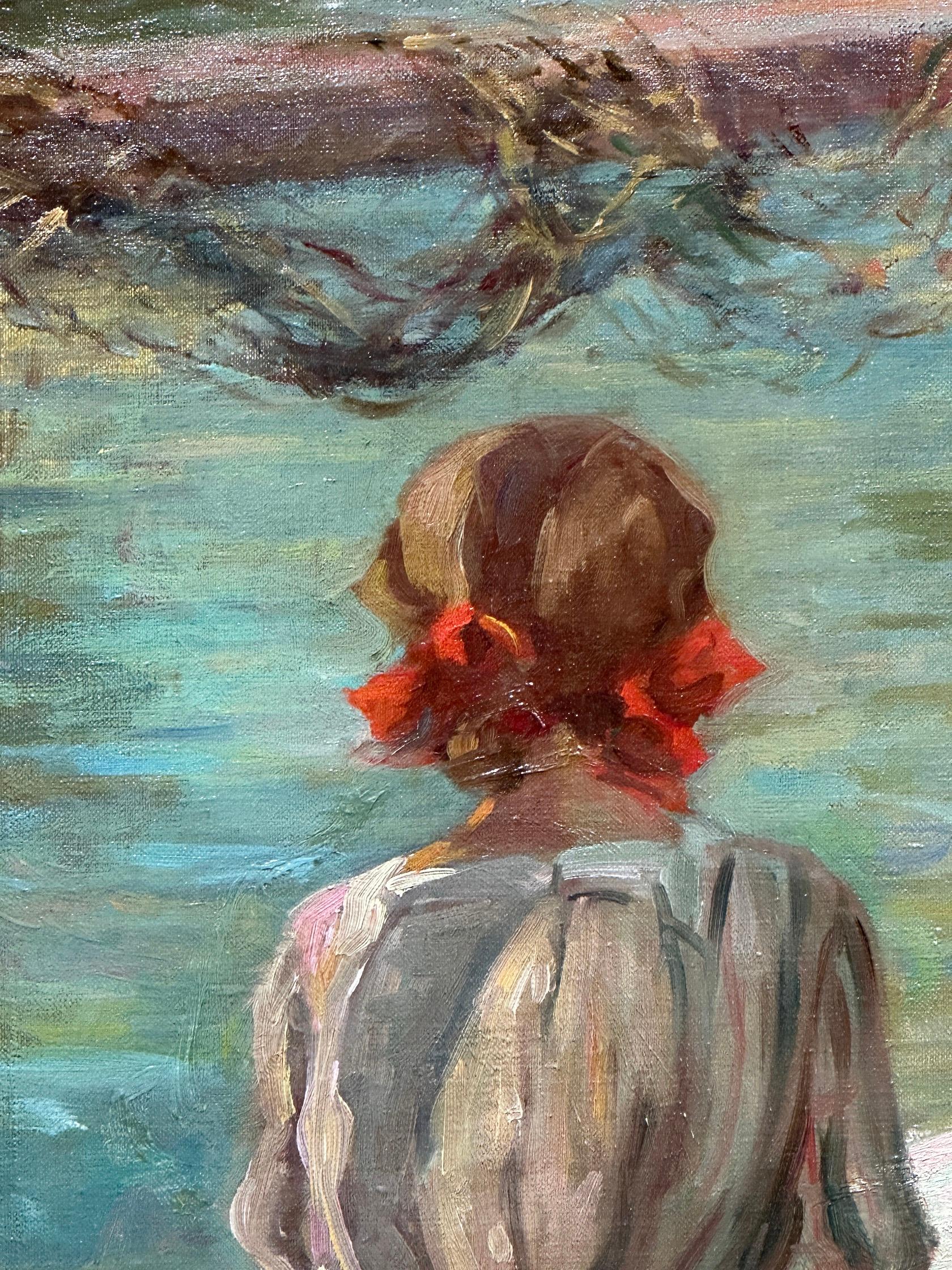 Impressionista americano di tre ragazze che giocano in riva al fiume in estate 1