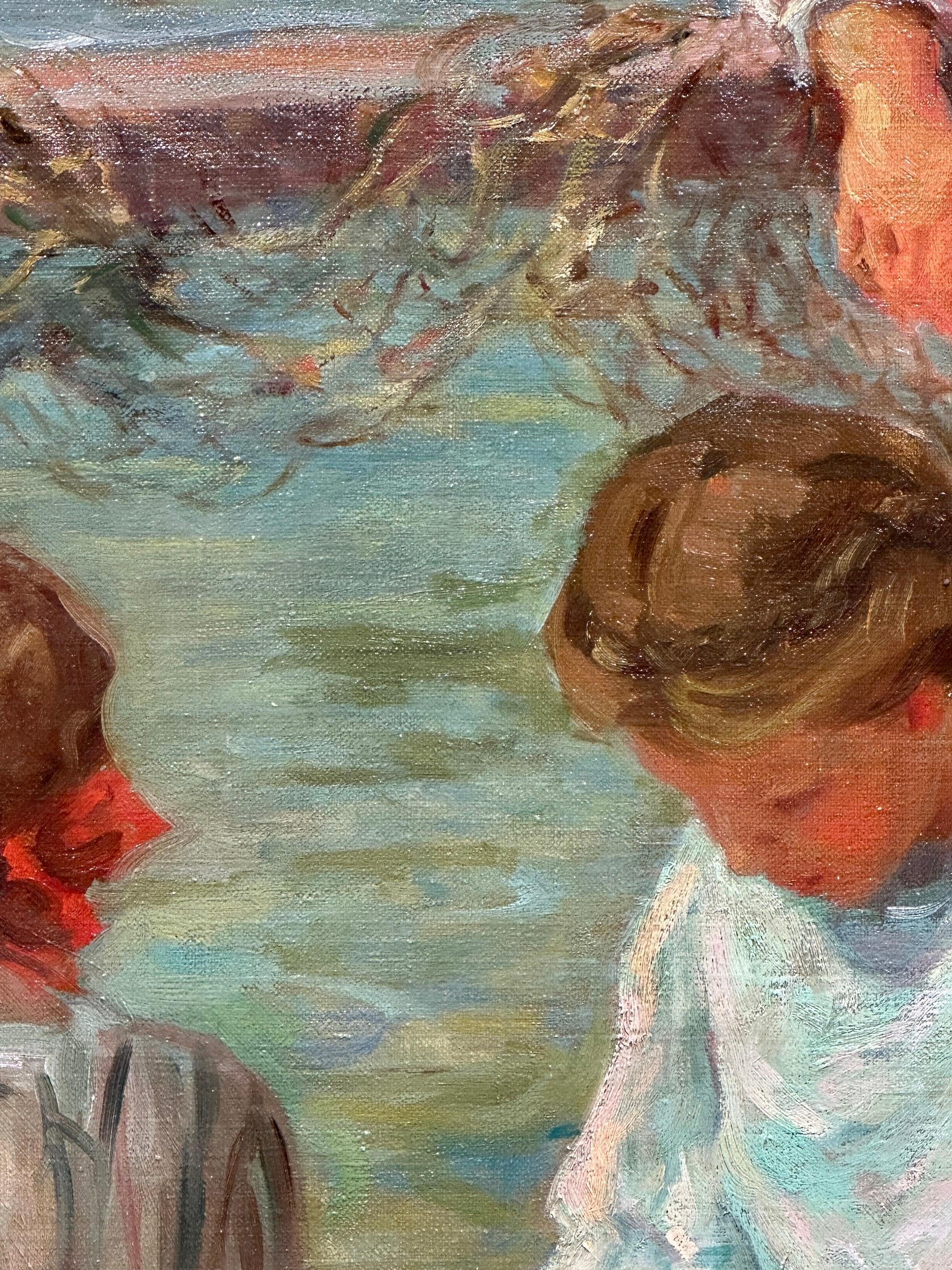 Impressionista americano di tre ragazze che giocano in riva al fiume in estate 5