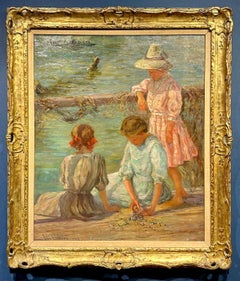 American Impressionist of three girls playing by a riverside in the Summer 