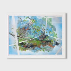 Contemporary Bird Painting, "Passenger Pigeons Terrarium, Blue"