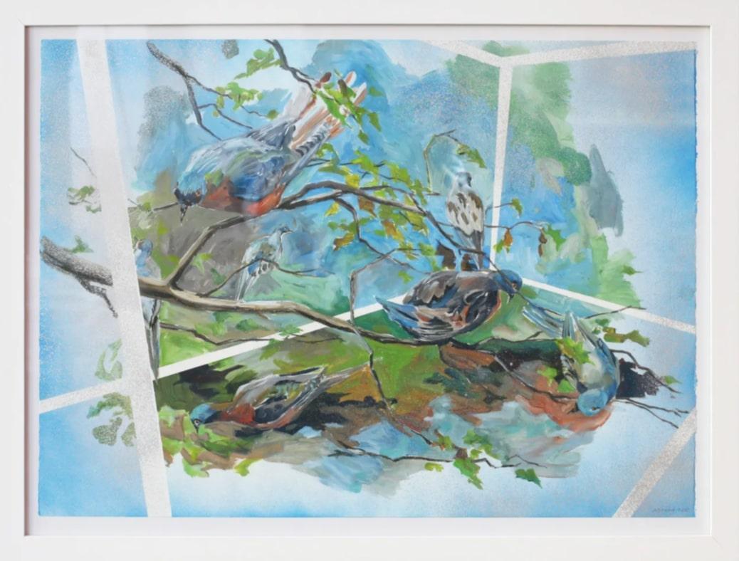 Animal Painting Anna Stump - Peinture d'oiseau contemporaine, "Passenger Pigeons Terrarium, Blue"