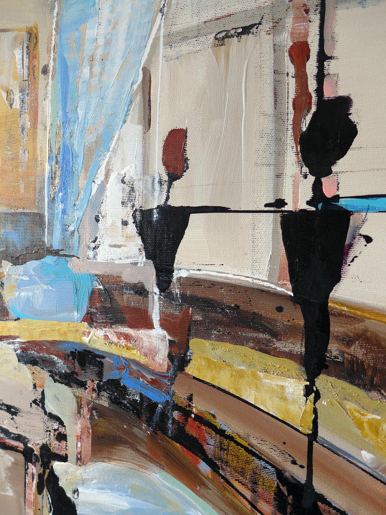 Breakfast français - Grande peinture semi-abstraite avec bleu et or - Expressionnisme abstrait Painting par Anna Sudbina