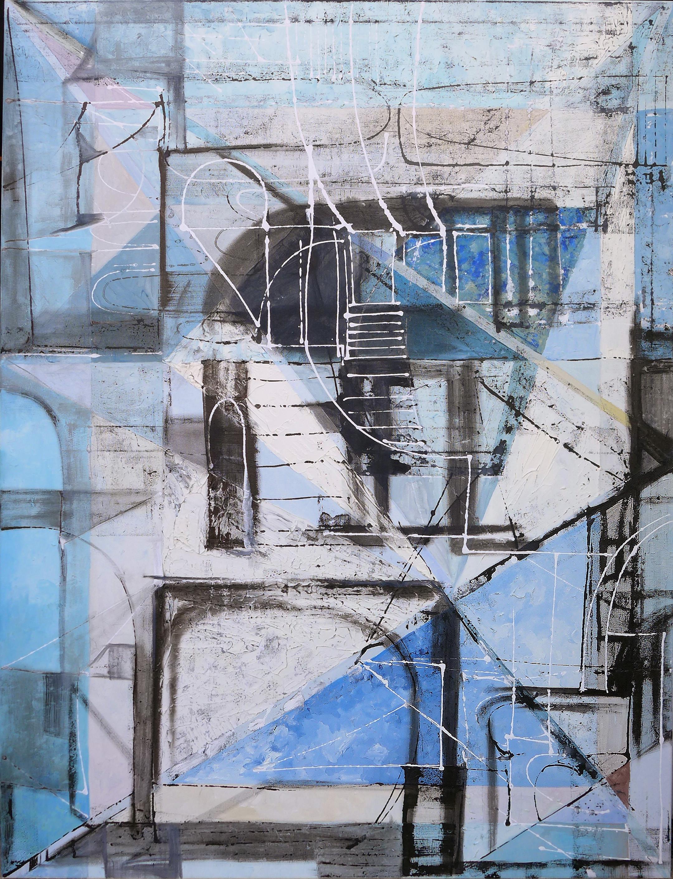Lost City Blues 01 - Grande peinture expressionniste abstraite contemporaine en bleu