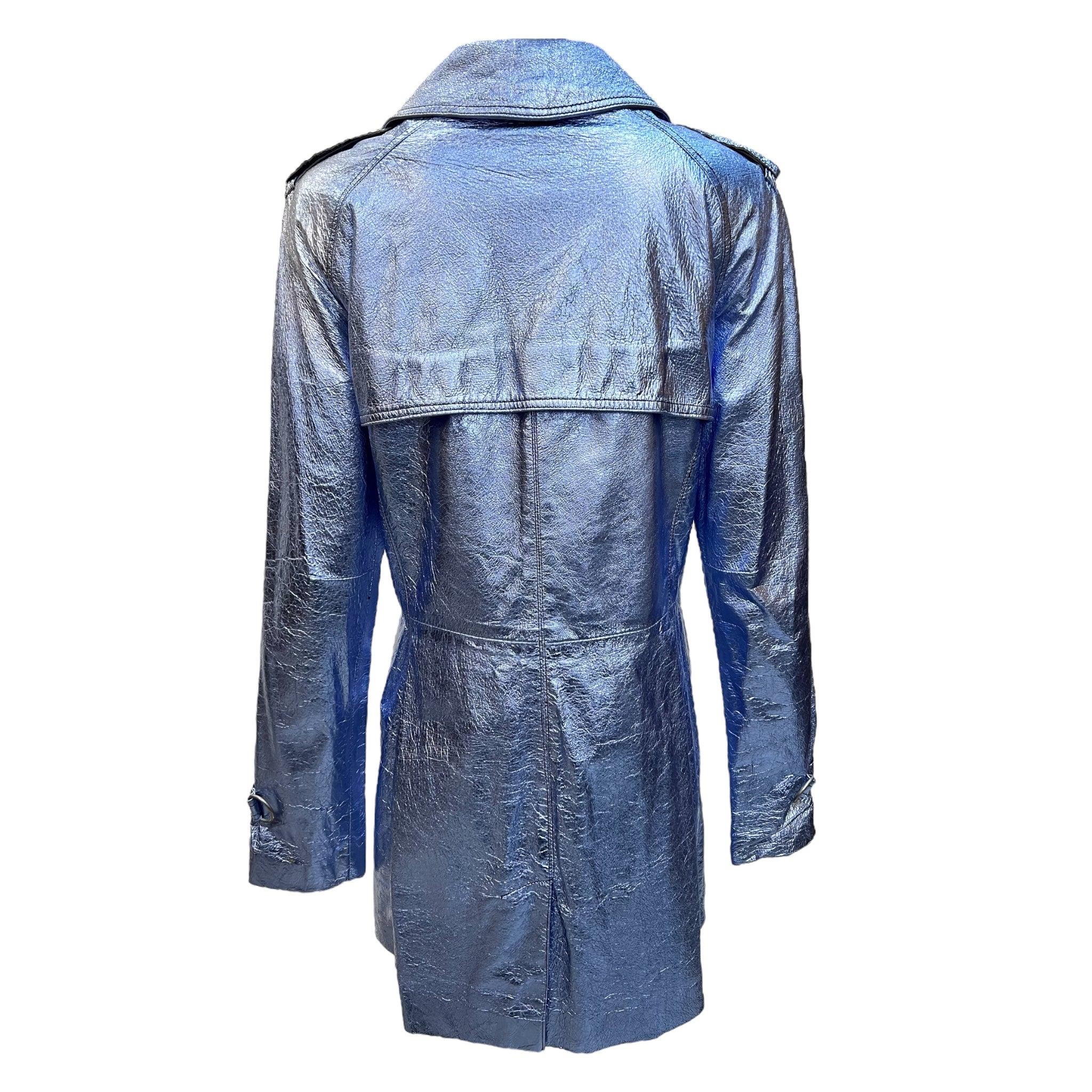 Ana Sui metallic light blue leather trench coat, from the Fall/Winter 2023 collection. Fanatics will recognize this as a callback to her S/S 1994 collection as seen on Fran in The Nanny. Fabulous double breasted front with a wide collar, epaulettes