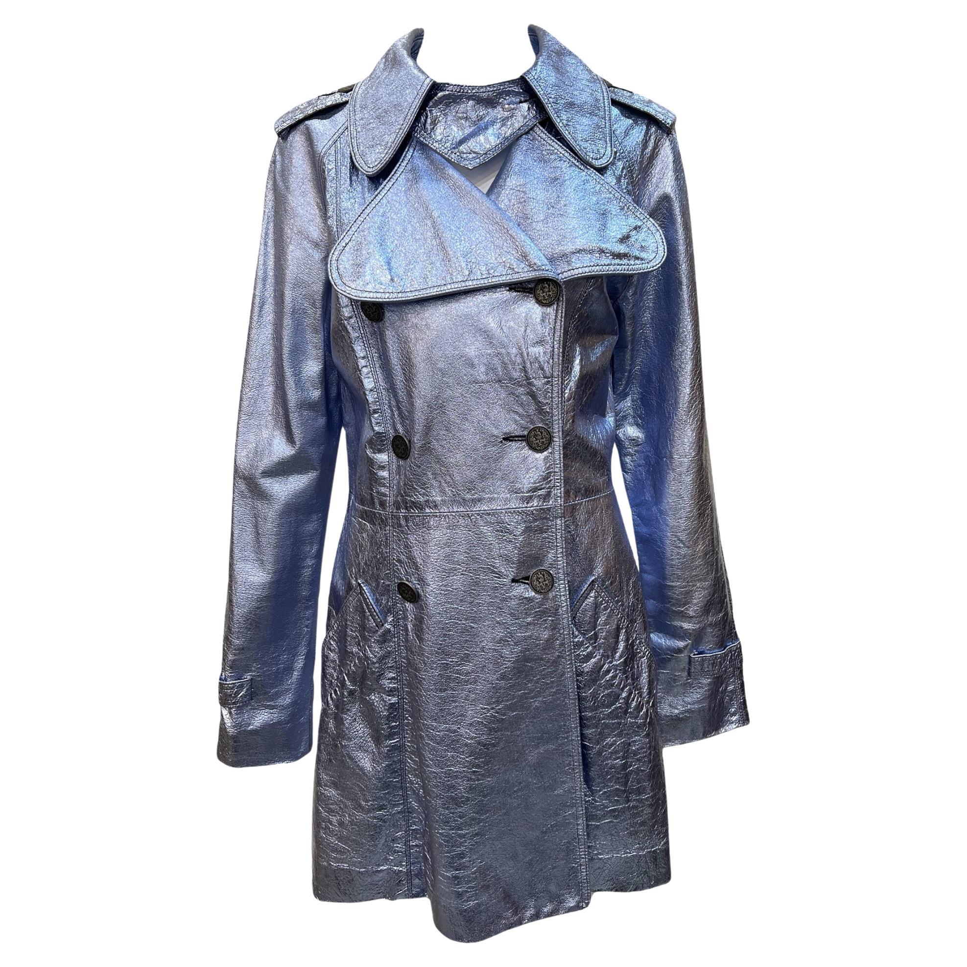 Anna Sui A/W Metallic Blue Double Breasted Trench Coat, 2023 For Sale