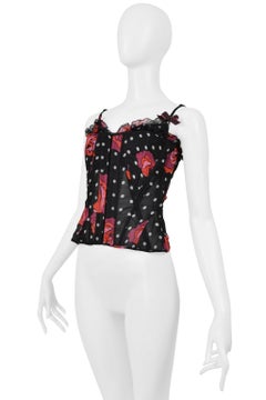 Anna Sui Black Chiffon Corset With Dot & Rose Print