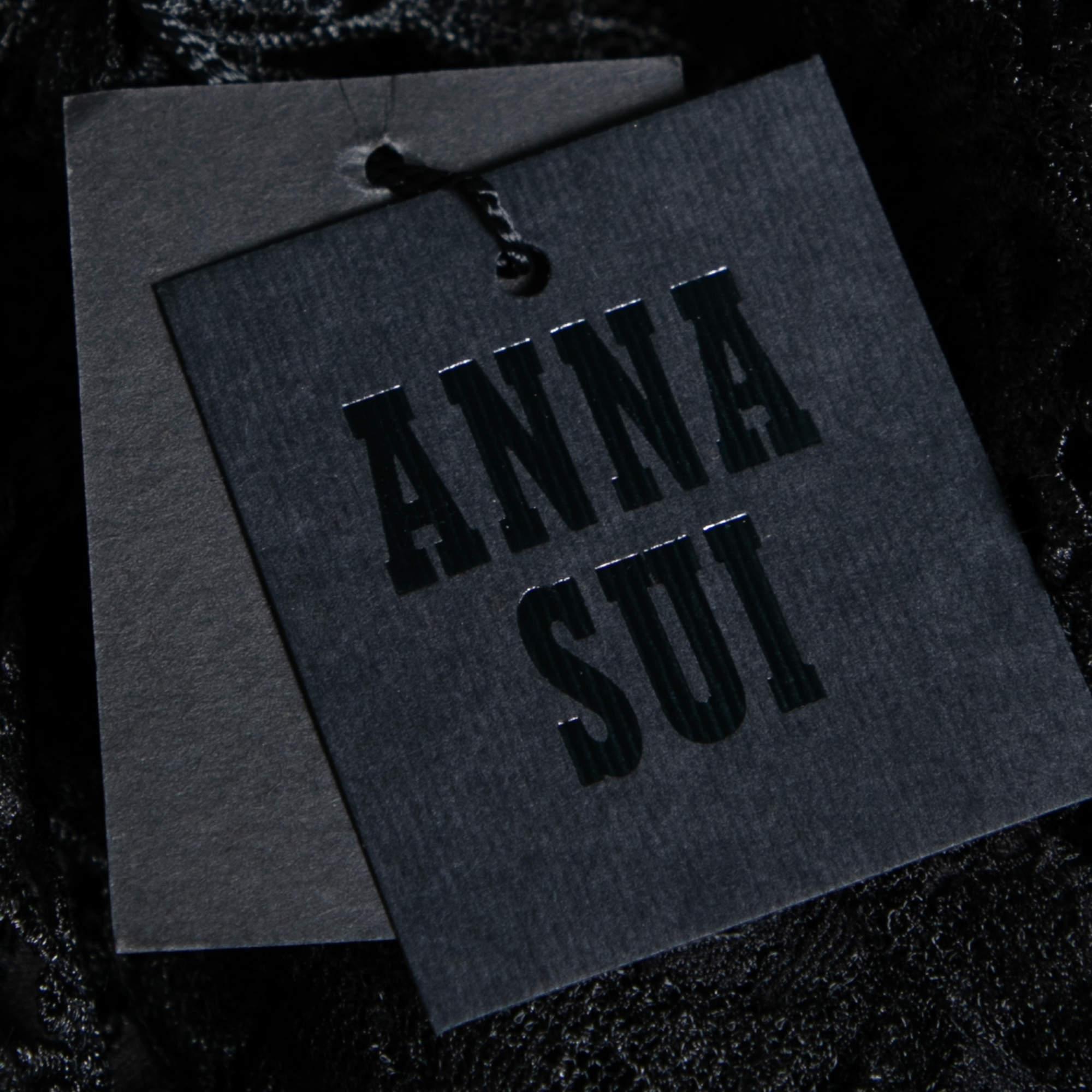 Anna Sui Black Lace Ruffle Trimmed Long Sleeve Blouse M For Sale 1