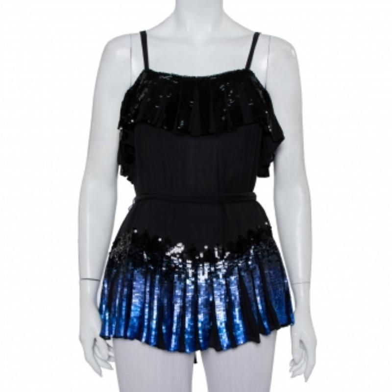 Anna Sui Black Sequin Embellished Silk Pleated Detail Belted Top S In Good Condition For Sale In Dubai, Al Qouz 2