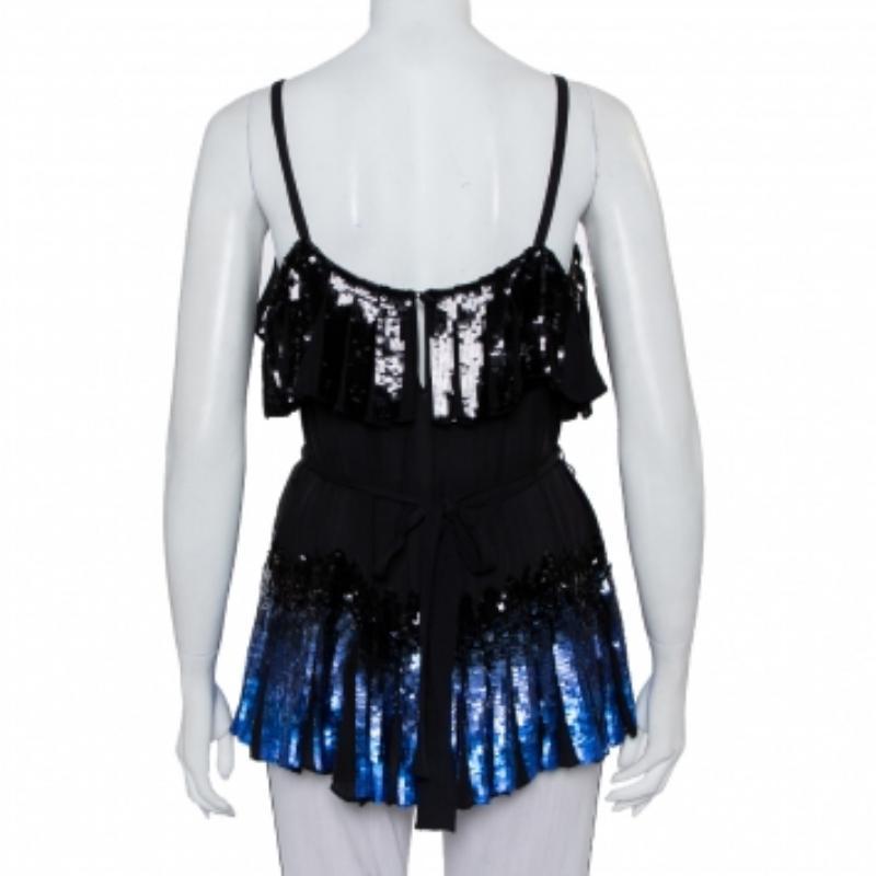 Anna Sui Black Sequin Embellished Silk Pleated Detail Belted Top S For Sale 1