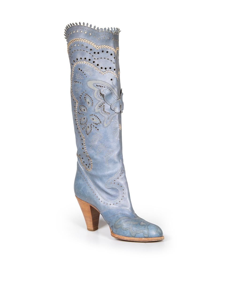 CONDITION is Good. Minor wear to boots is evident. Light wear to soles, with some abrasions to the sides of the boot and a loose thread on the front butterfly wing on this used Anna Sui designer resale item.
 
 
 
 Details
 
 
 Blue
 
 Leather
 
