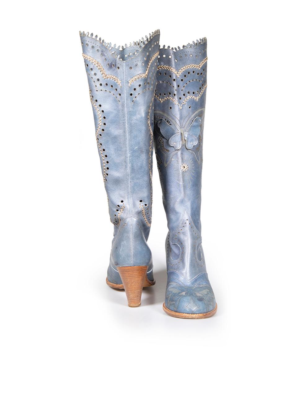 Anna Sui Blue Leather Lasercut Butterfly Cowboy Boots Size IT 37.5 In Good Condition In London, GB