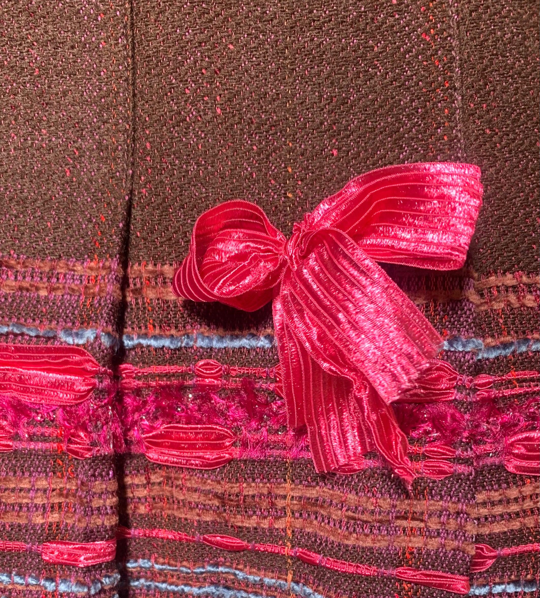 Brown Anna Sui Fall Runway Burgundy Tweed and Ribbon Bow Fringe Skirt, 2004 For Sale