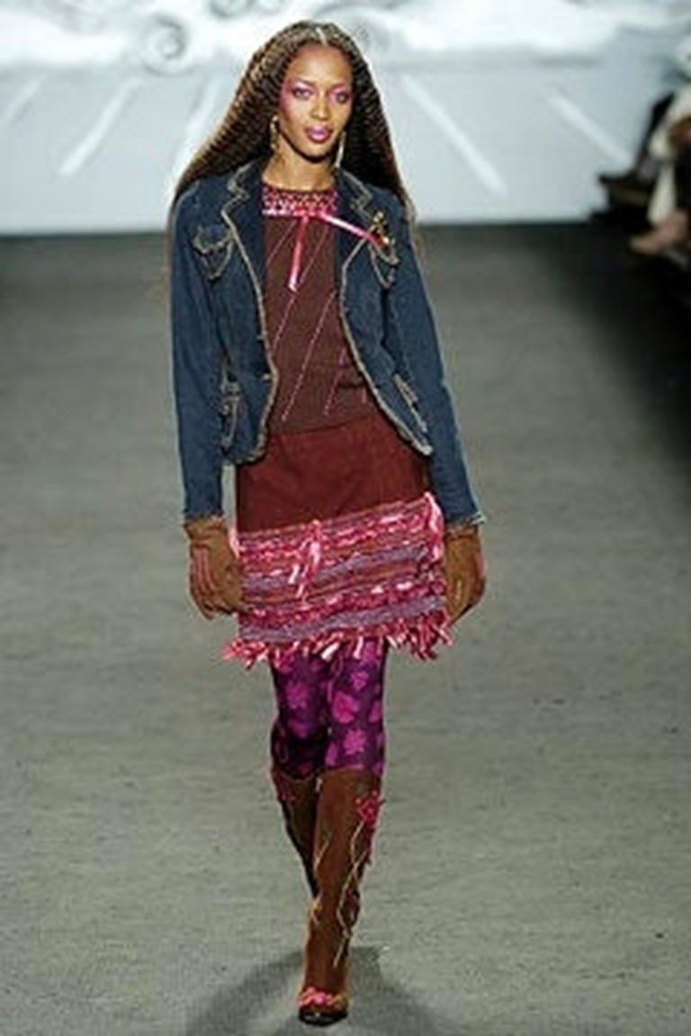 Anna Sui Fall Runway Burgundy Tweed and Ribbon Bow Fringe Skirt, 2004 In New Condition For Sale In Los Angeles, CA