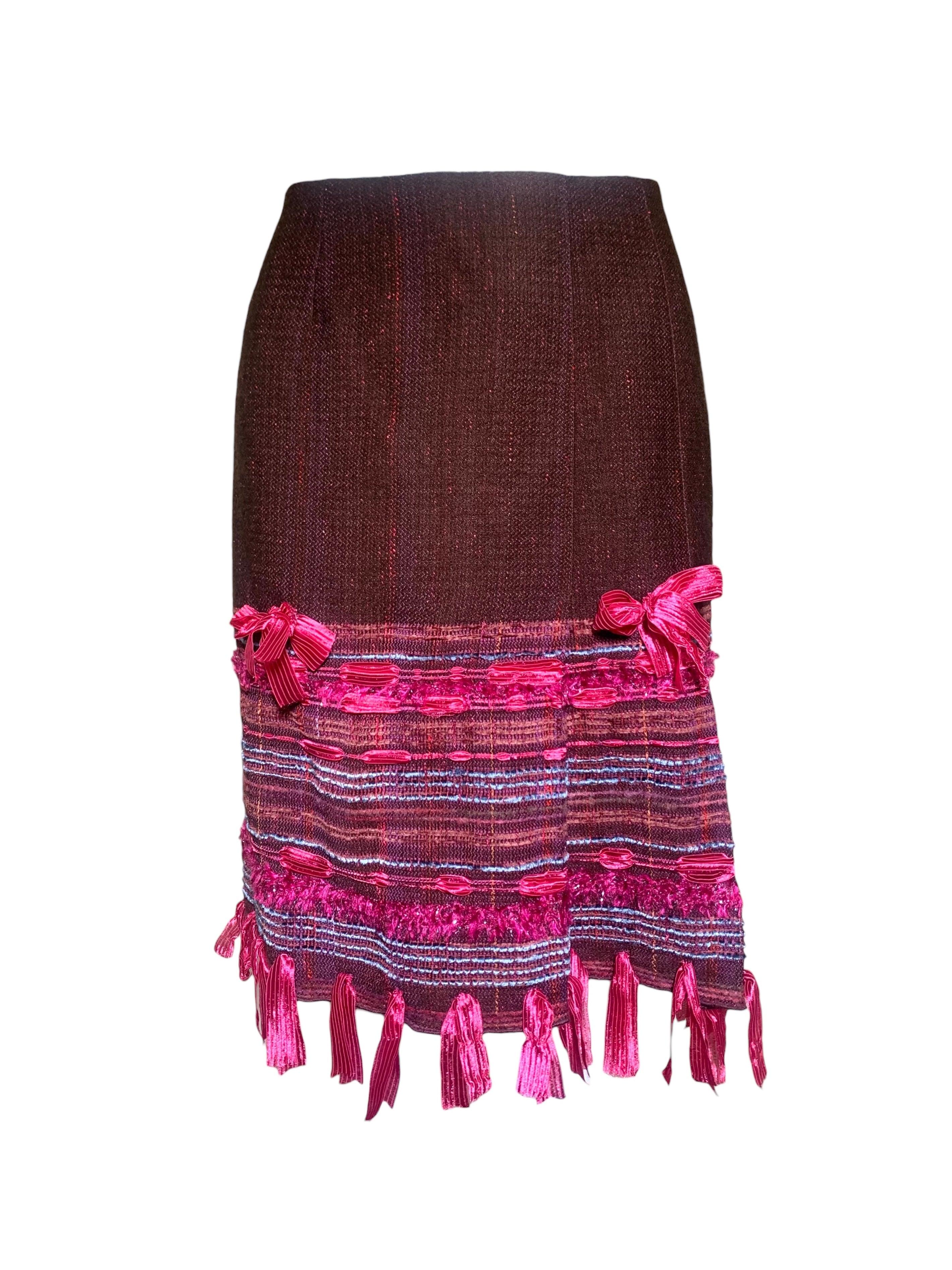 Anna Sui Fall Runway Burgundy Tweed and Ribbon Bow Fringe Skirt, 2004 For Sale