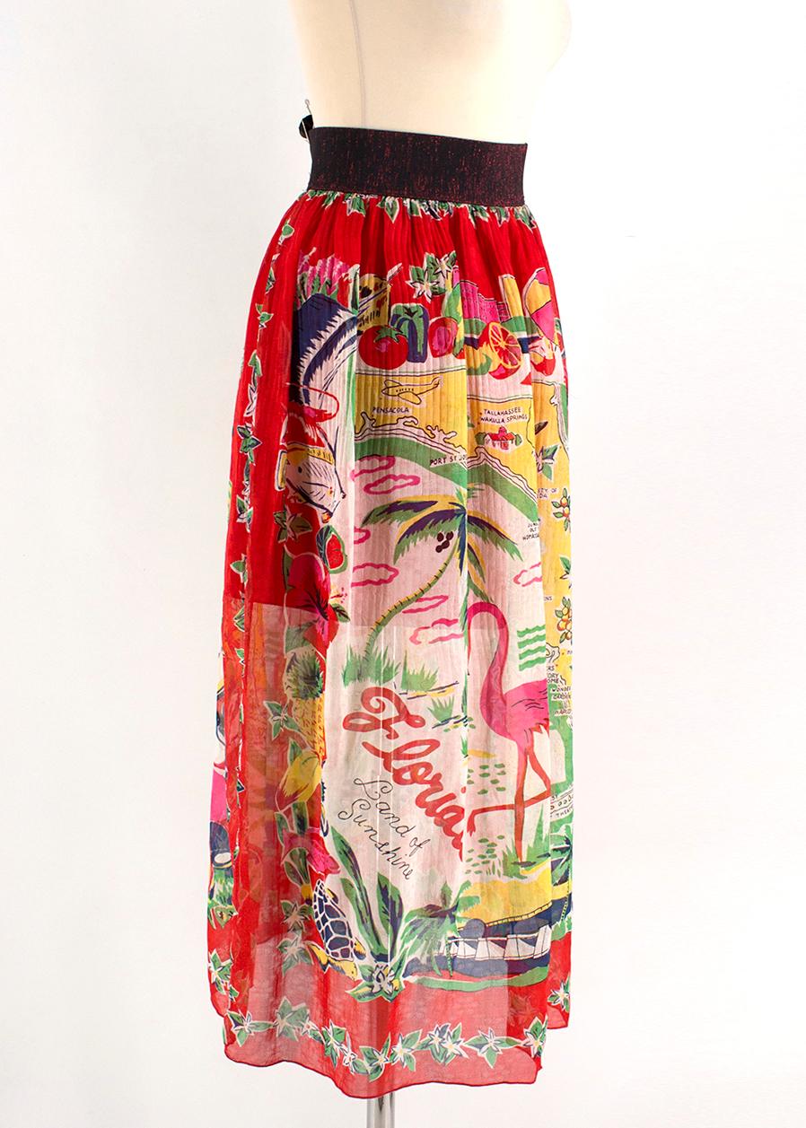 Anna Sui Florida Plisse Printed Silk Midi Skirt

- Multi-coloured pleated midi skirt
- Printed with a vibrant 'Florida' motif of flowers, maps and landscapes
- 100% silk
- Lightweight
- Metallic elasticated waistband
- Left side hook-and-eye and zip