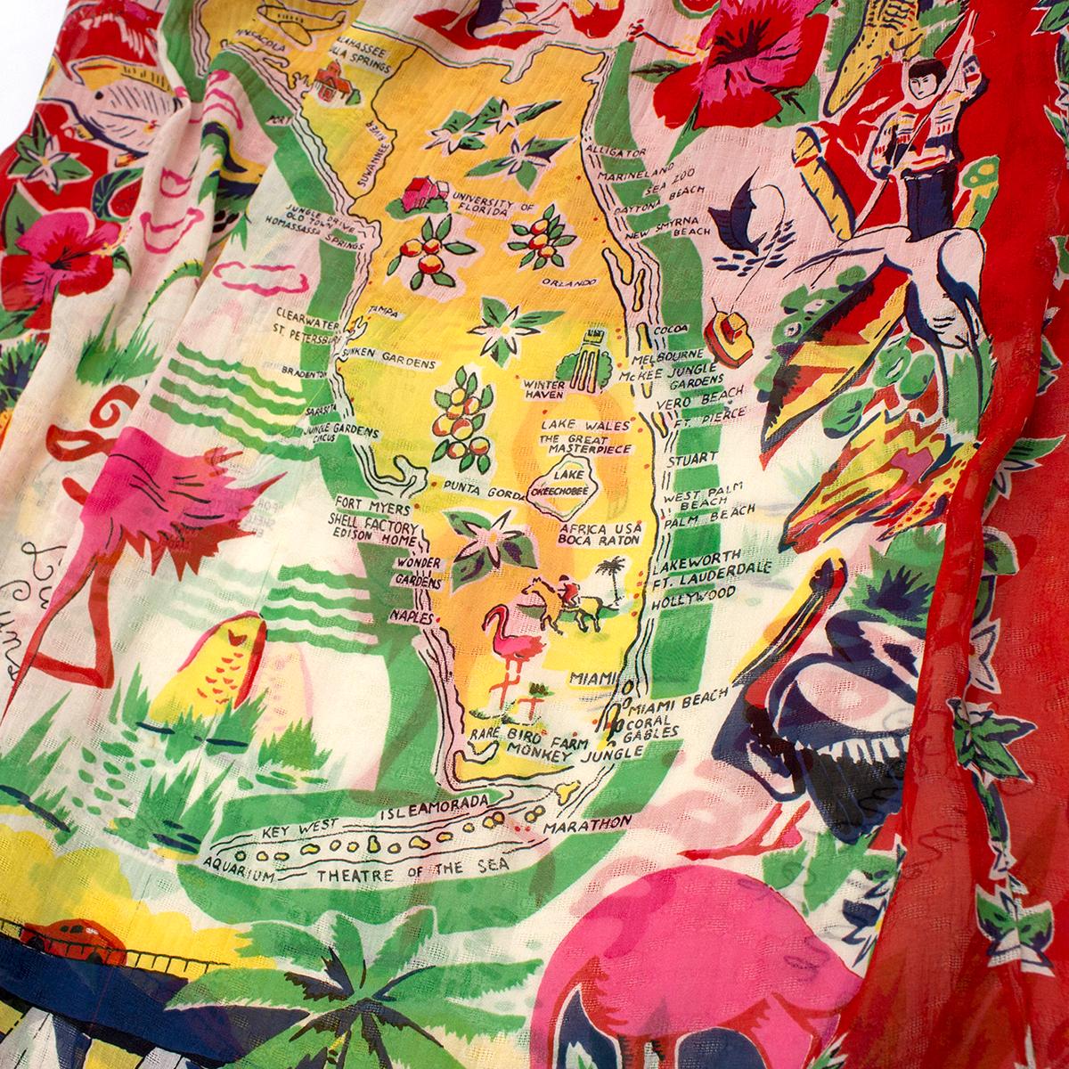 Beige Anna Sui Florida Plisse Printed Silk Midi Skirt US 4