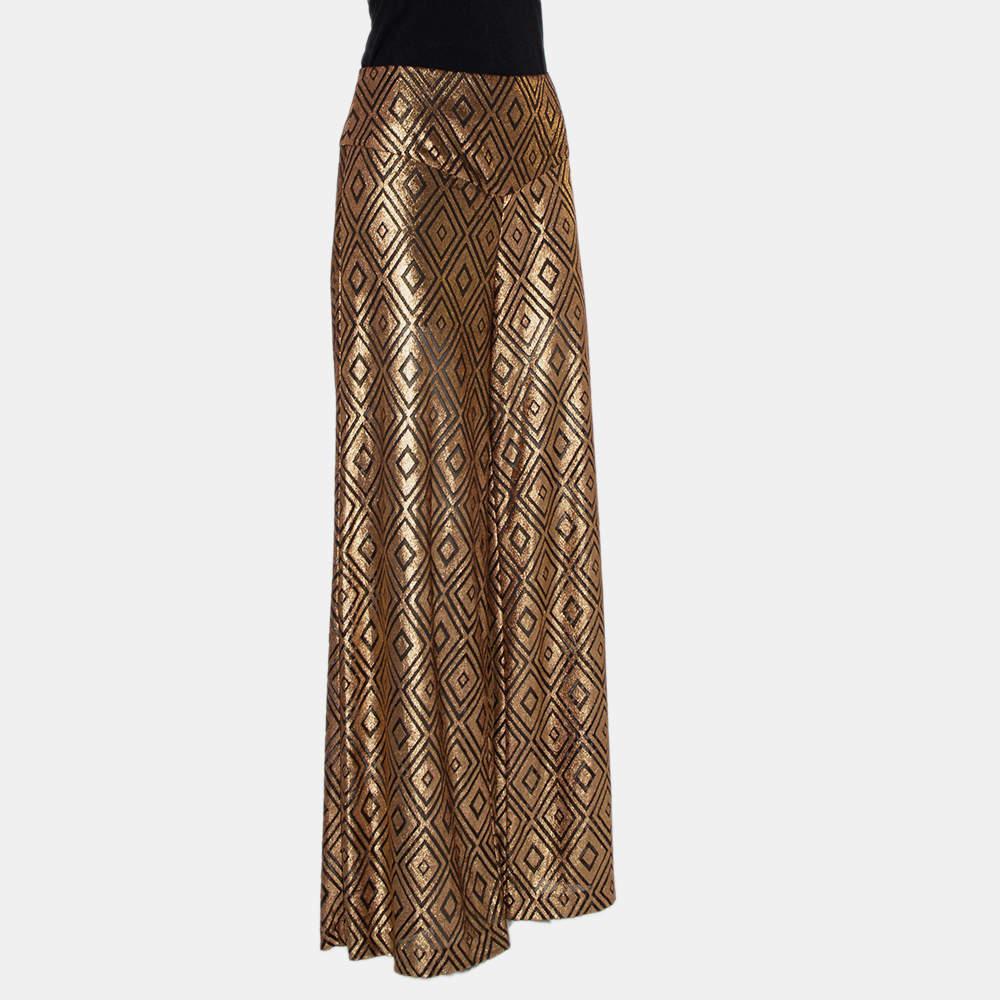 Anna Sui Goldfarbene Hose mit geometrischem Design und hoher Taille und weitem Bein, M (Braun) im Angebot