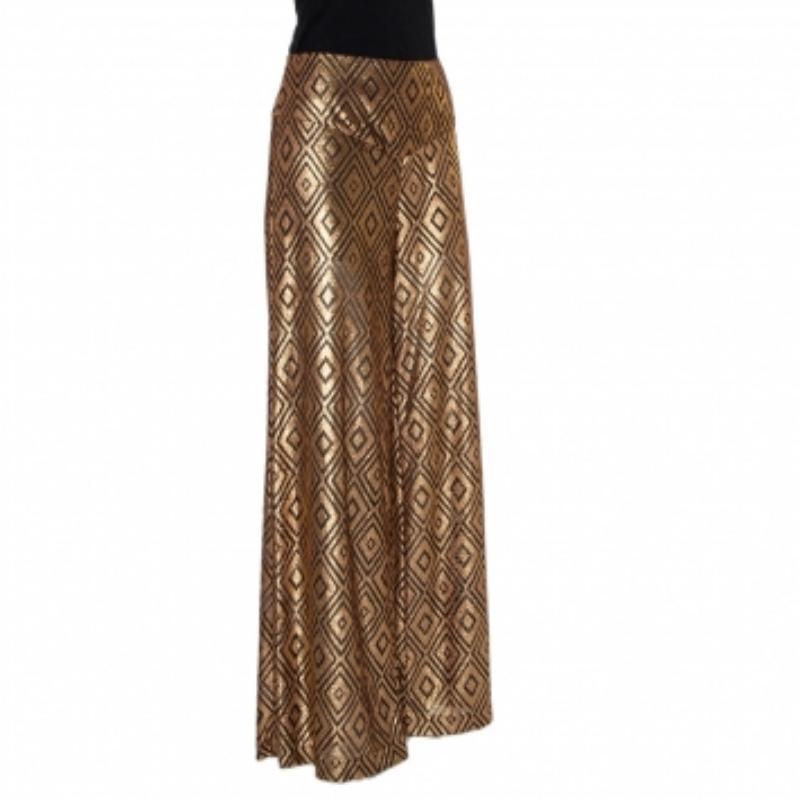Anna Sui Gold Knitted Geometric Design High Waist Wide Leg Trouser M For Sale 1