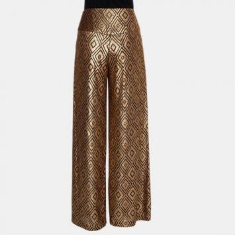 Anna Sui Gold Knitted Geometric Design High Waist Wide Leg Trouser M For Sale 3
