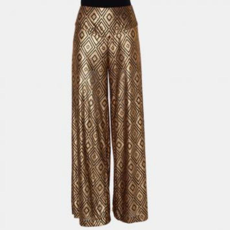 Anna Sui Gold Knitted Geometric Design High Waist Wide Leg Trouser M For Sale 4