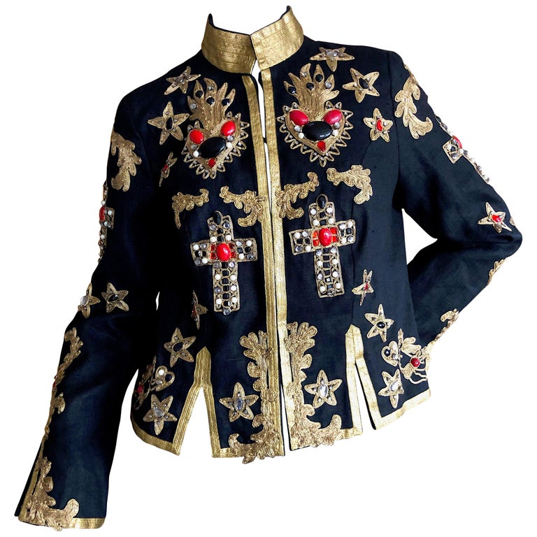Anna Sui MAD Museum Exhibited Embellished Cropped Linen Military Jacket ...