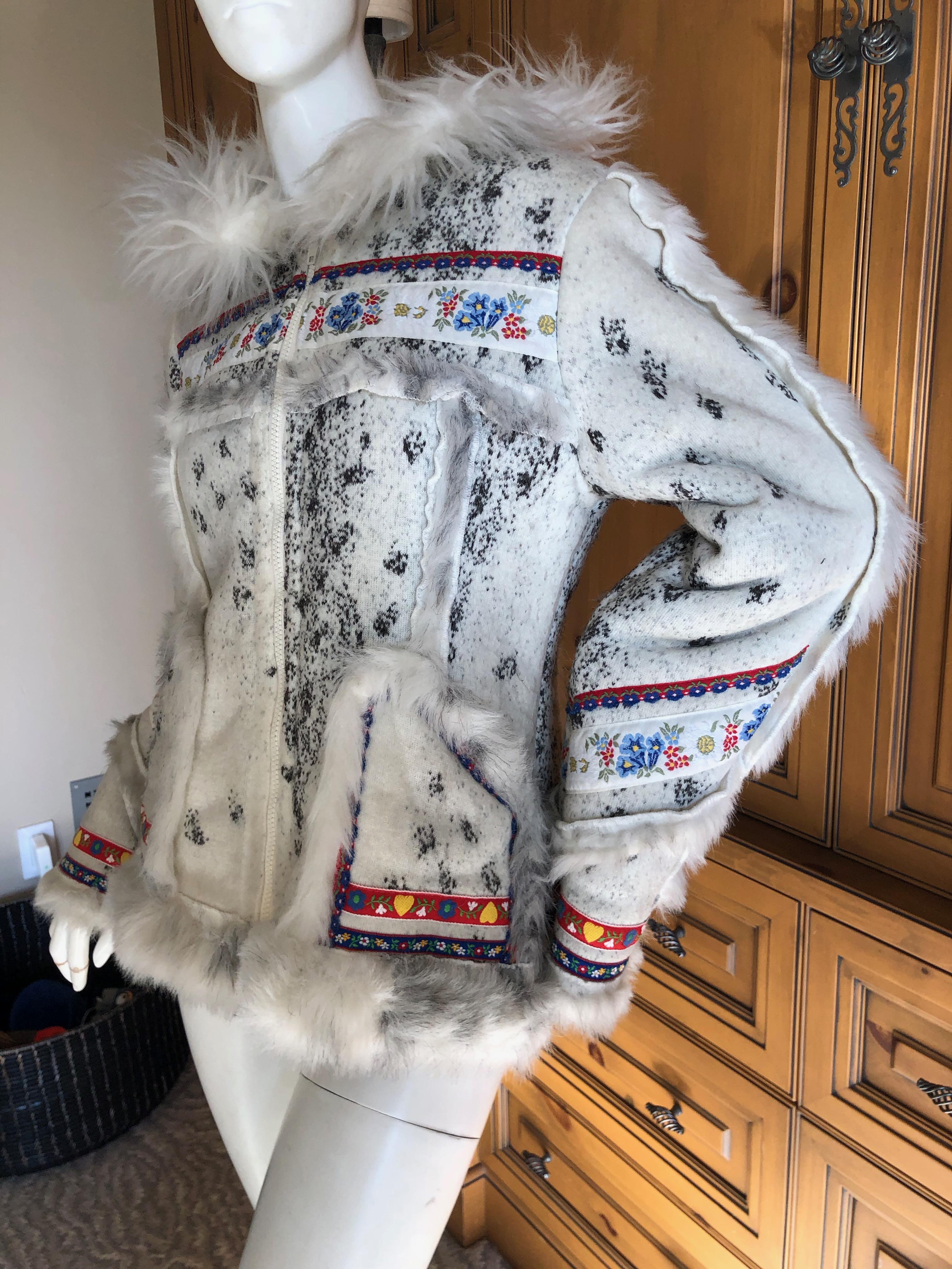 Gray Anna Sui MAD Museum Exhibited Faux Shearling Folkloric Hooded Jacket For Sale