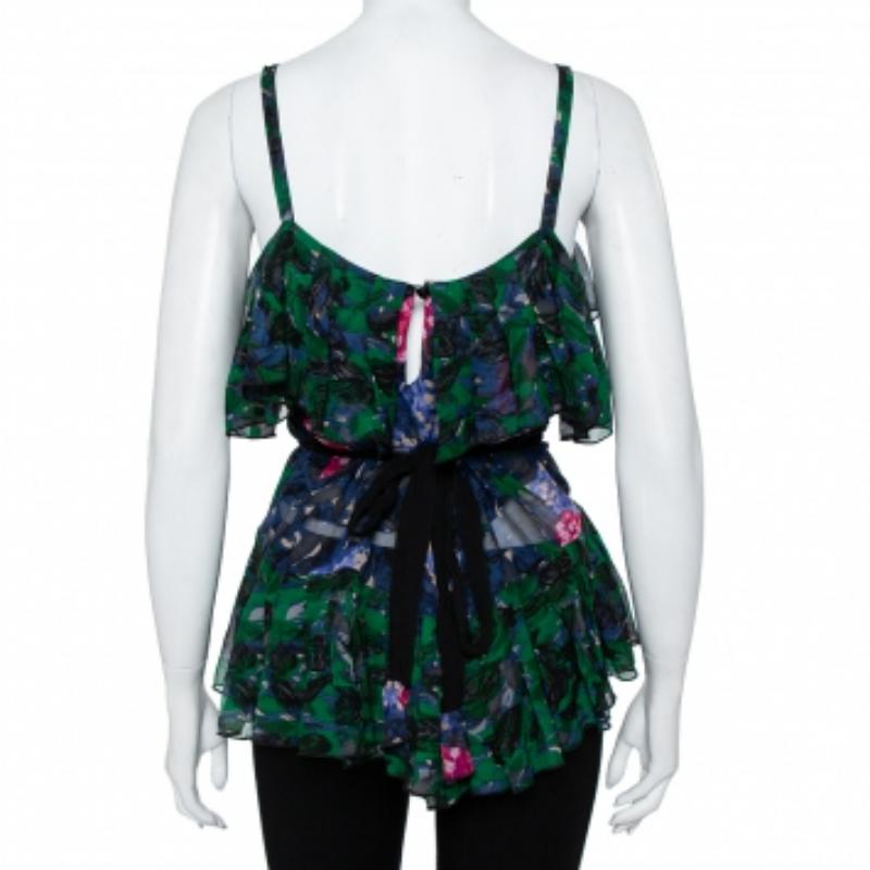 Black Anna Sui Multicolor Printed Silk Ruffled Sleeveless Top S For Sale
