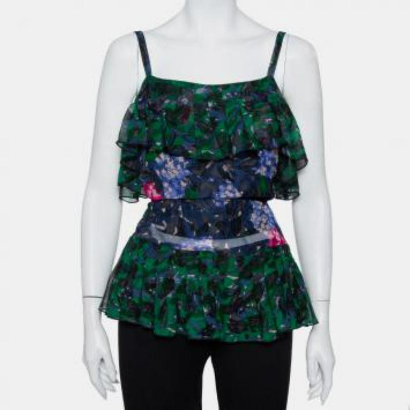 Anna Sui Multicolor Printed Silk Ruffled Sleeveless Top S For Sale 1