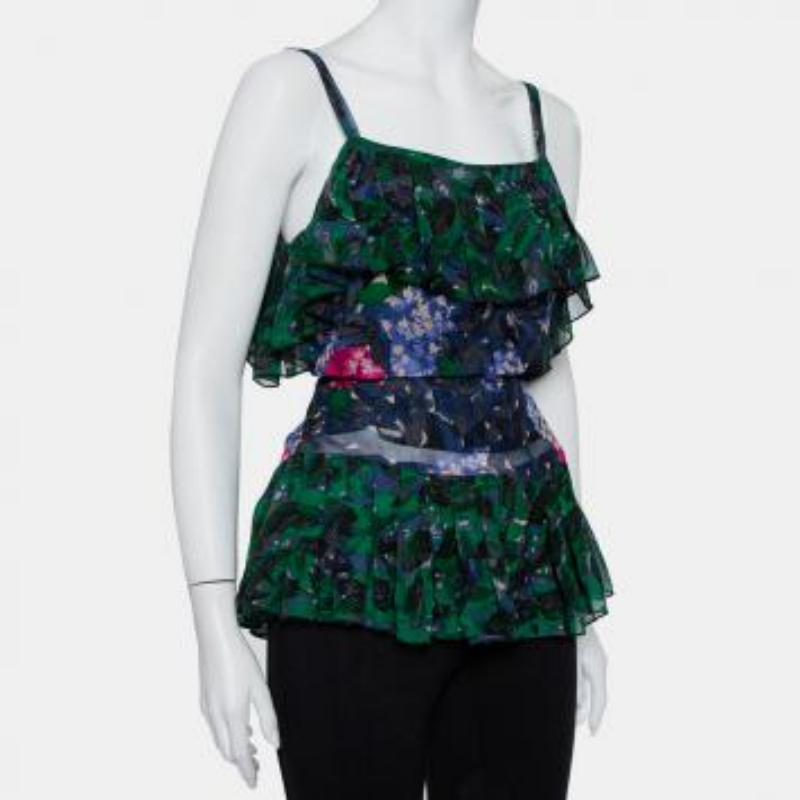 Anna Sui Multicolor Printed Silk Ruffled Sleeveless Top S For Sale 2
