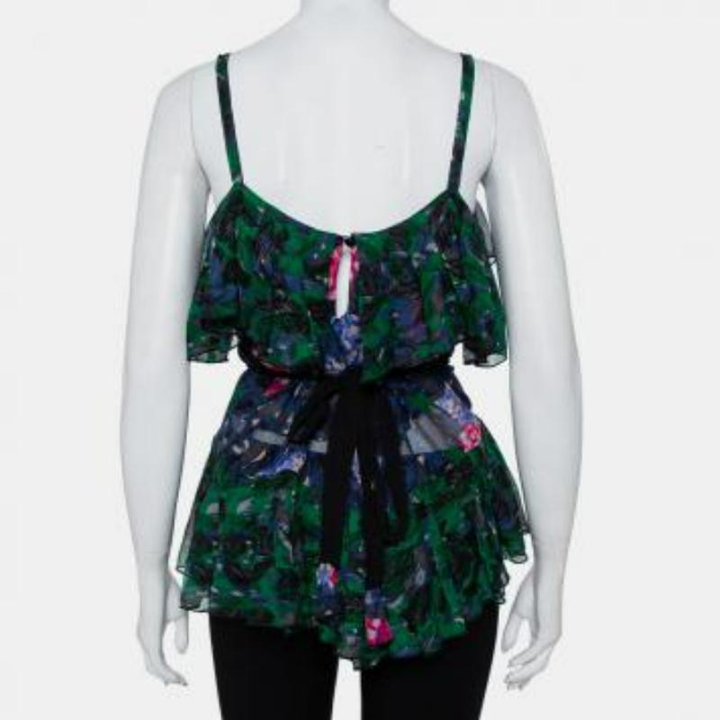 Anna Sui Multicolor Printed Silk Ruffled Sleeveless Top S For Sale 3