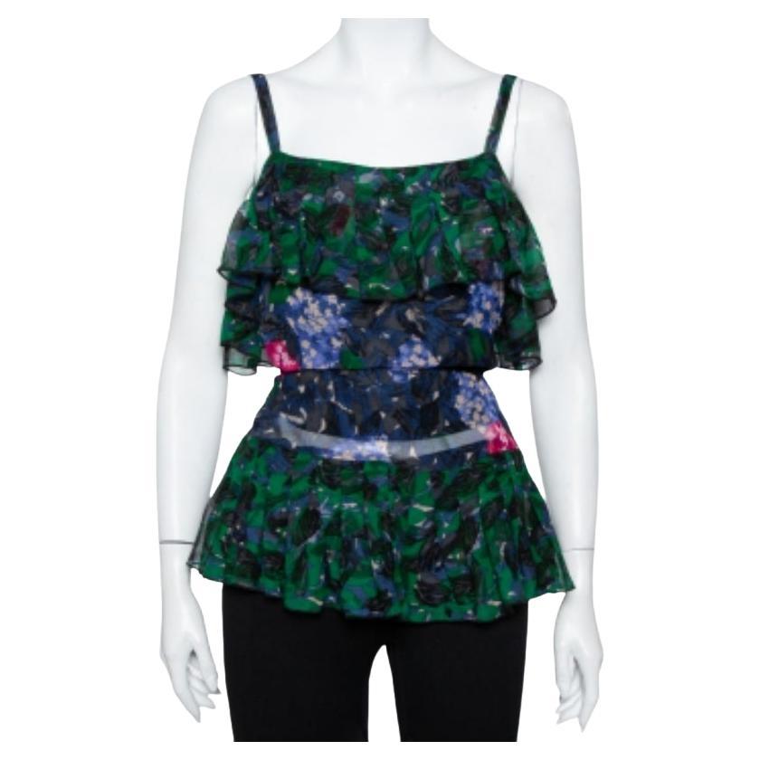 Anna Sui Multicolor Printed Silk Ruffled Sleeveless Top S For Sale