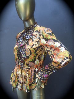 Anna Sui Paisley Silk Blend Pleated Peplum Sheer Blouse c 1990s US Size 4