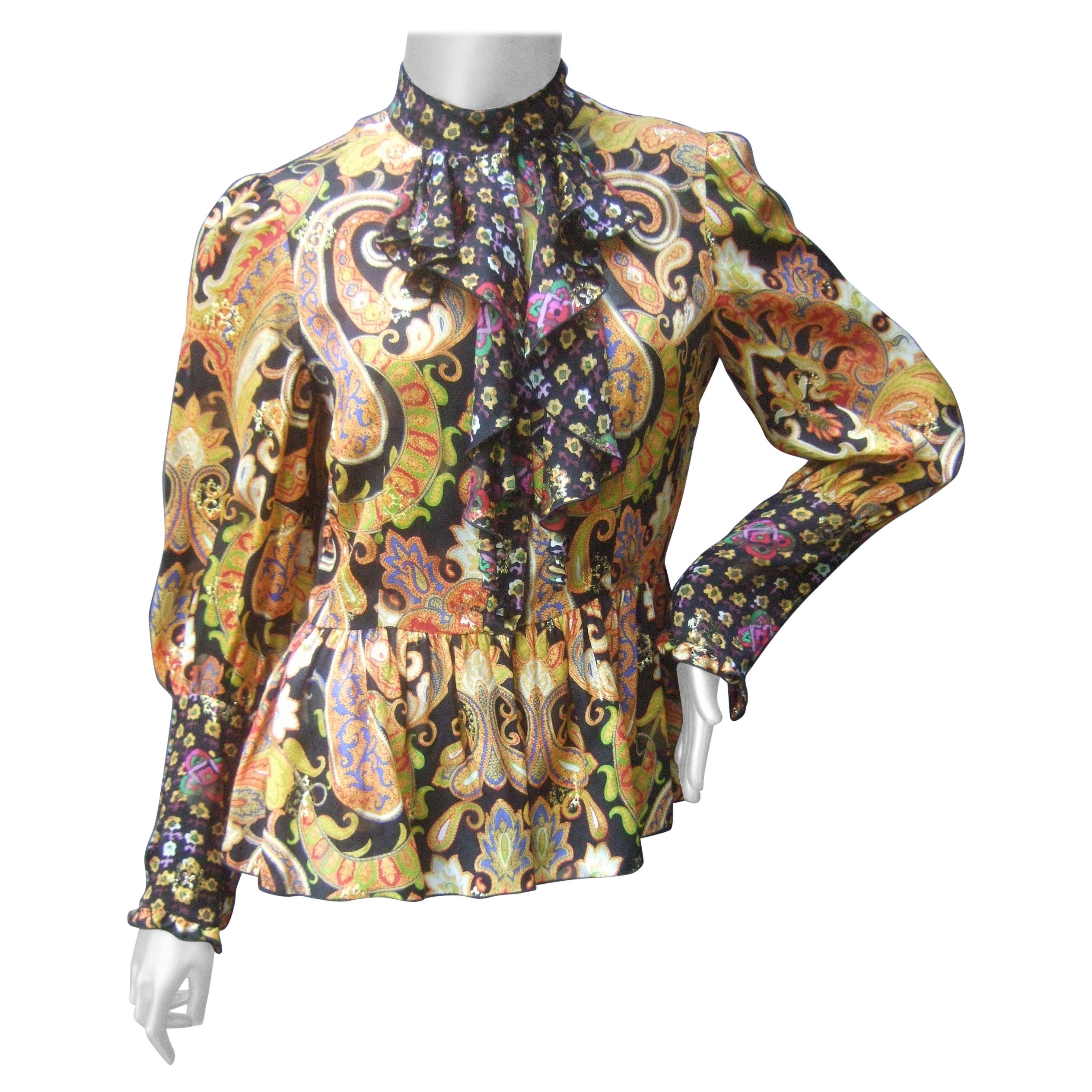 Anna Sui Paisley Silk Blend Pleated Peplum Sheer Blouse c 1990s US Size 4
