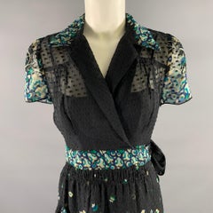 Vestido midi de seda con estampado floral de ANNA SUI, talla 4, negro y azul, hasta la rodilla