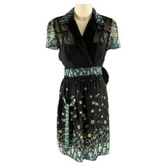 Vestido midi de seda con estampado floral de ANNA SUI, talla 4, negro y azul, hasta la rodilla