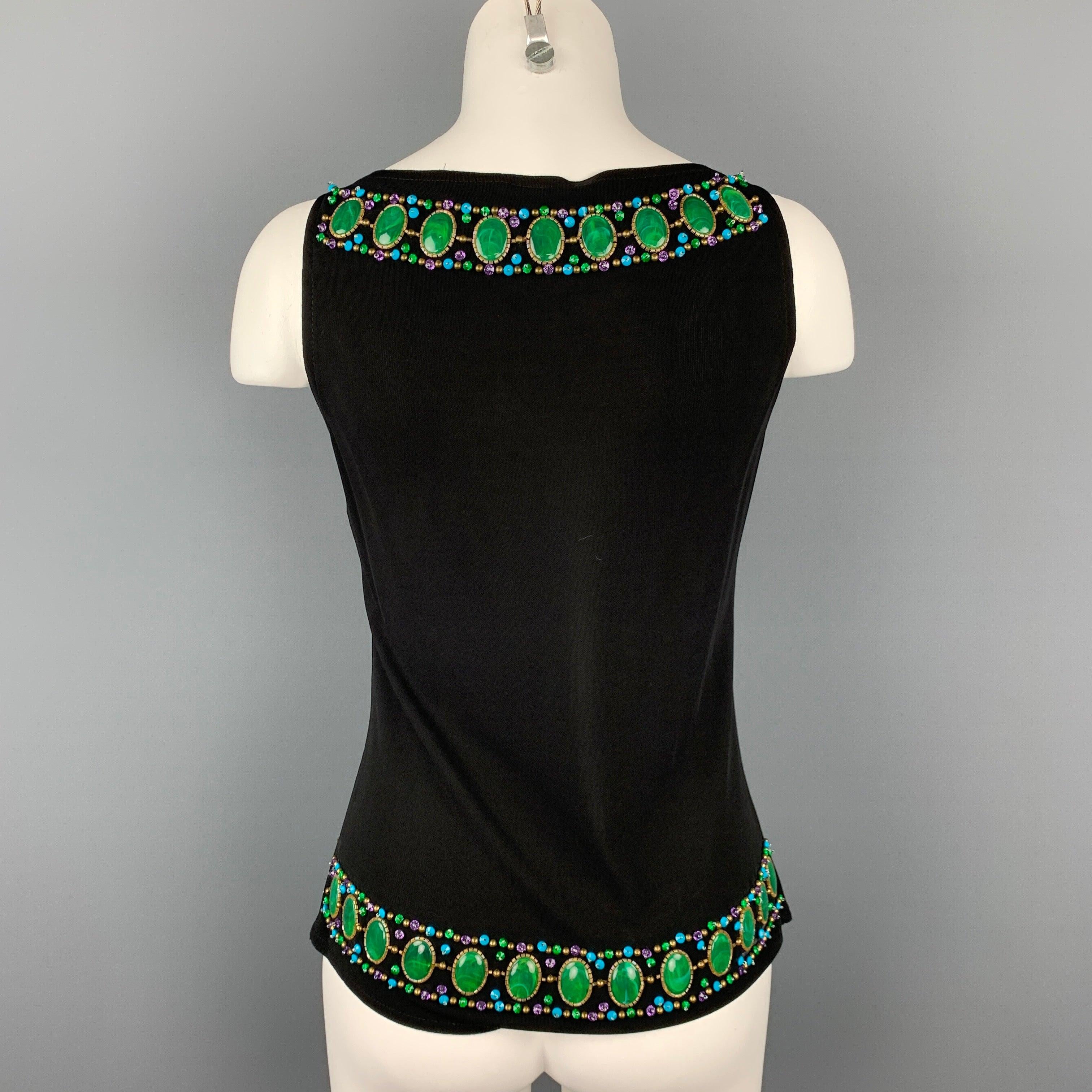 ANNA SUI Size 6 Black Beaded Rayon Tank Dress Top In Good Condition For Sale In San Francisco, CA