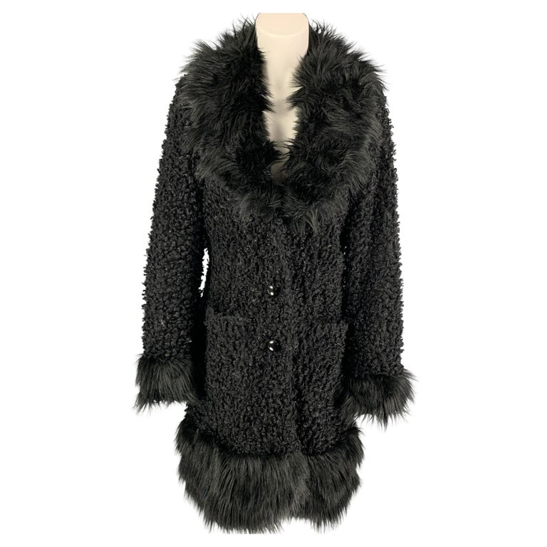 ANNA SUI Size M Black Polyester Textured Faux Fur Coat For Sale
