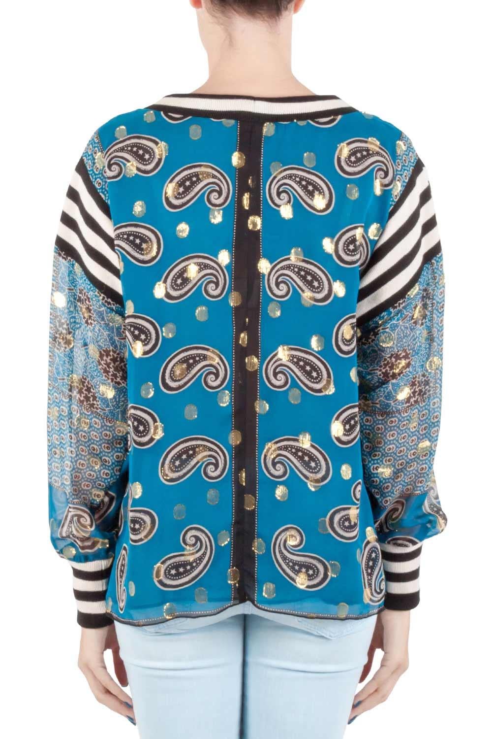 Anna Sui Teal Blue Bouquet Scarf Print Silk Ribbed Trim Tunic Top M In Good Condition In Dubai, Al Qouz 2
