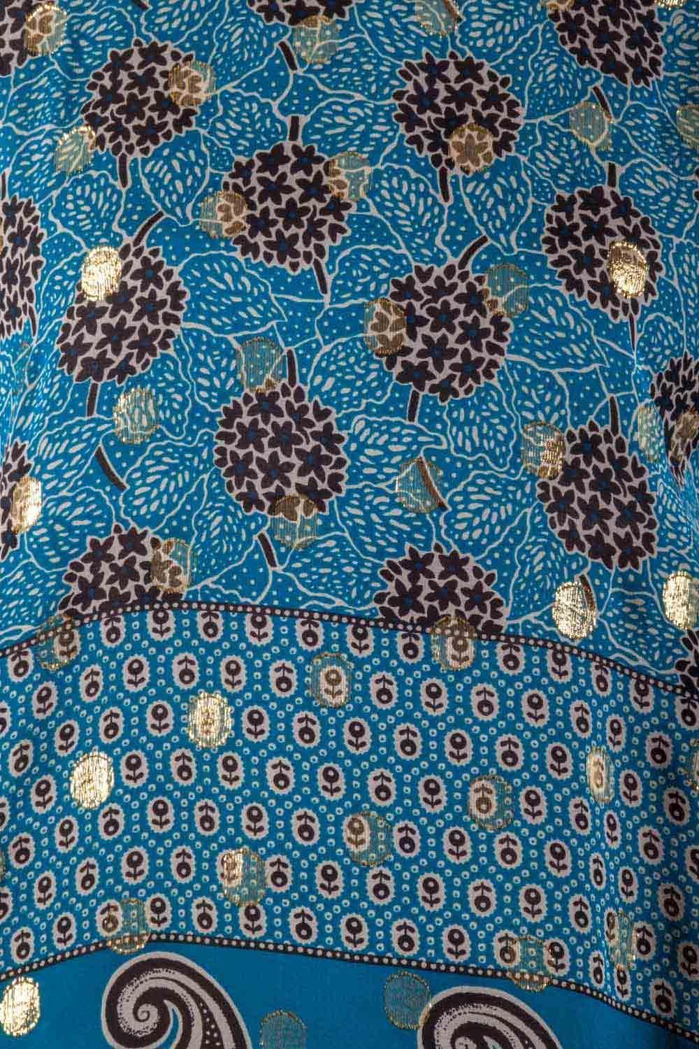 Women's Anna Sui Teal Blue Bouquet Scarf Print Silk Ribbed Trim Tunic Top M