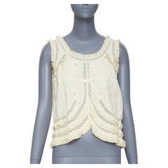 Anna Sui Vintage-Bluse im Bauernstil mit cremefarbener, bestickter Blumen-Ajour-Spitze und Rüschen, US-Größe 2 S