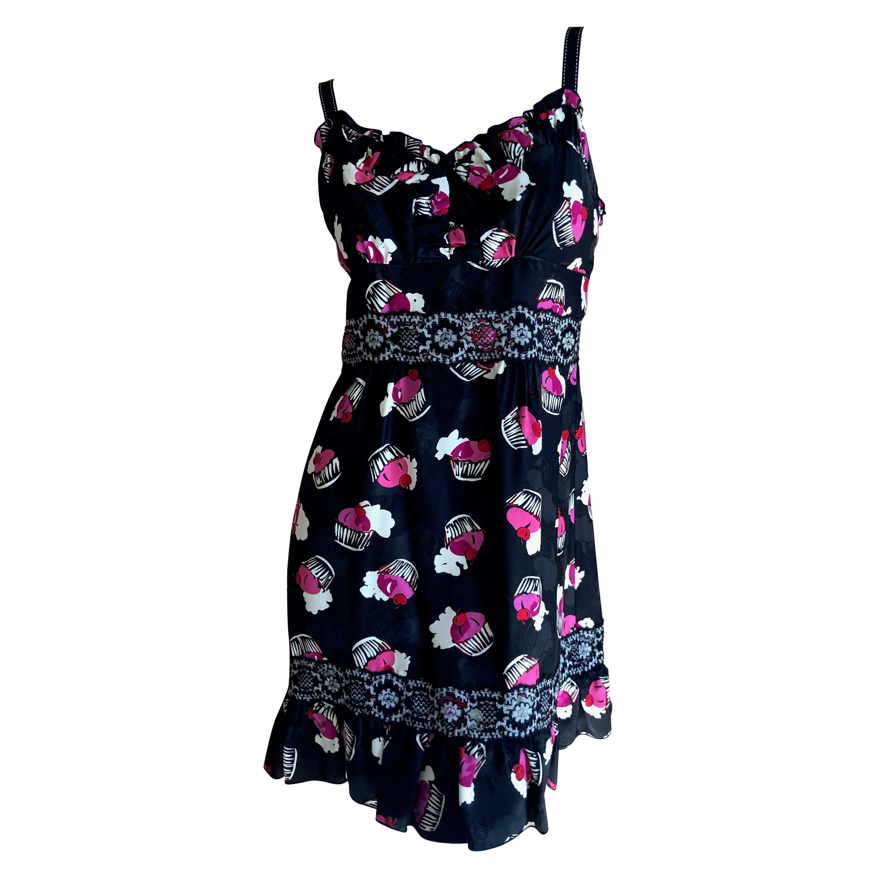 Anna Sui Vintage Silk Cupcake Pattern Party Dress For Sale