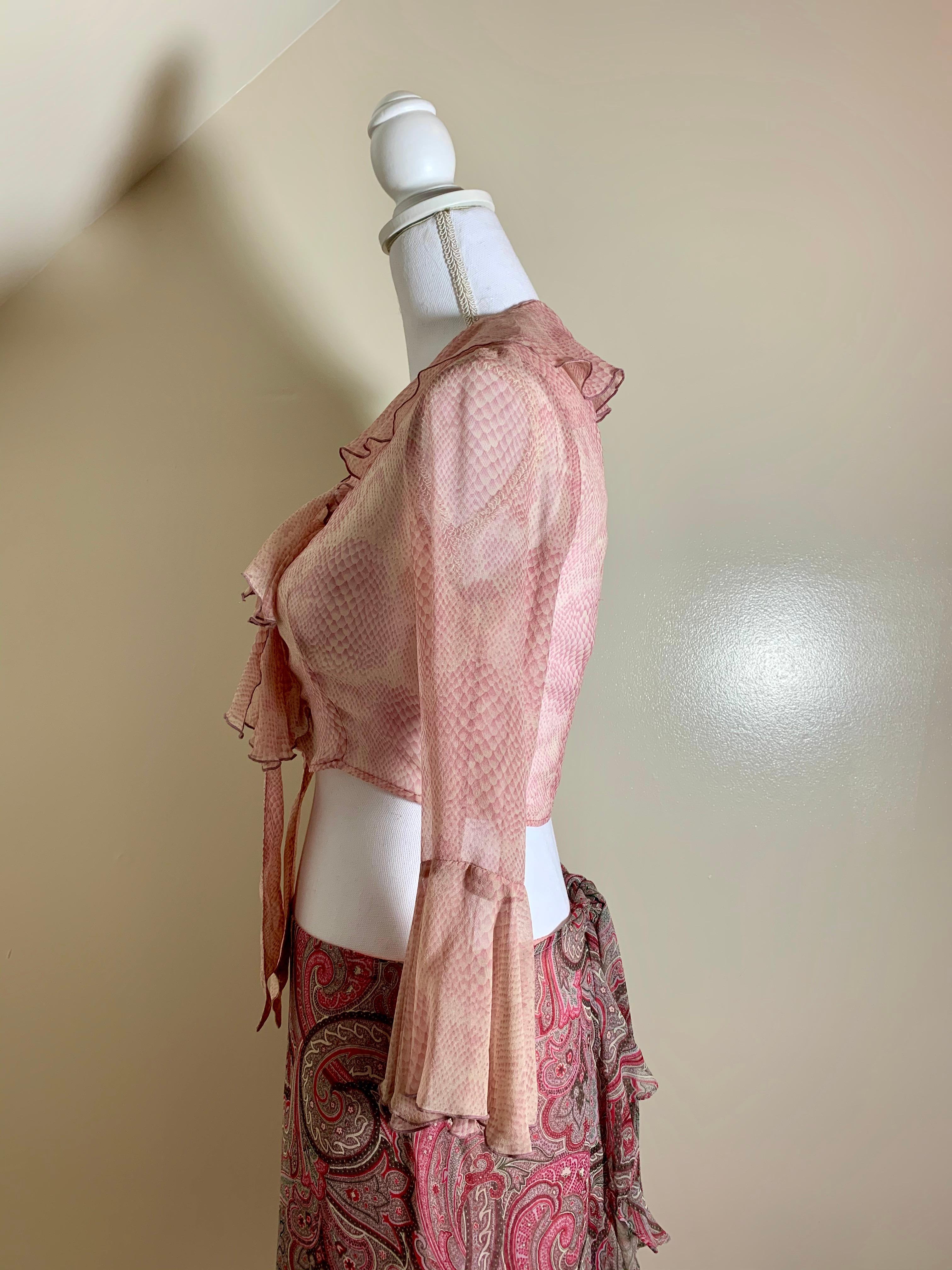 International Style Anna Sui Vintage Two-Piece Pink Paisley & Snakeskin Print Ruffled Ensemble 1990s