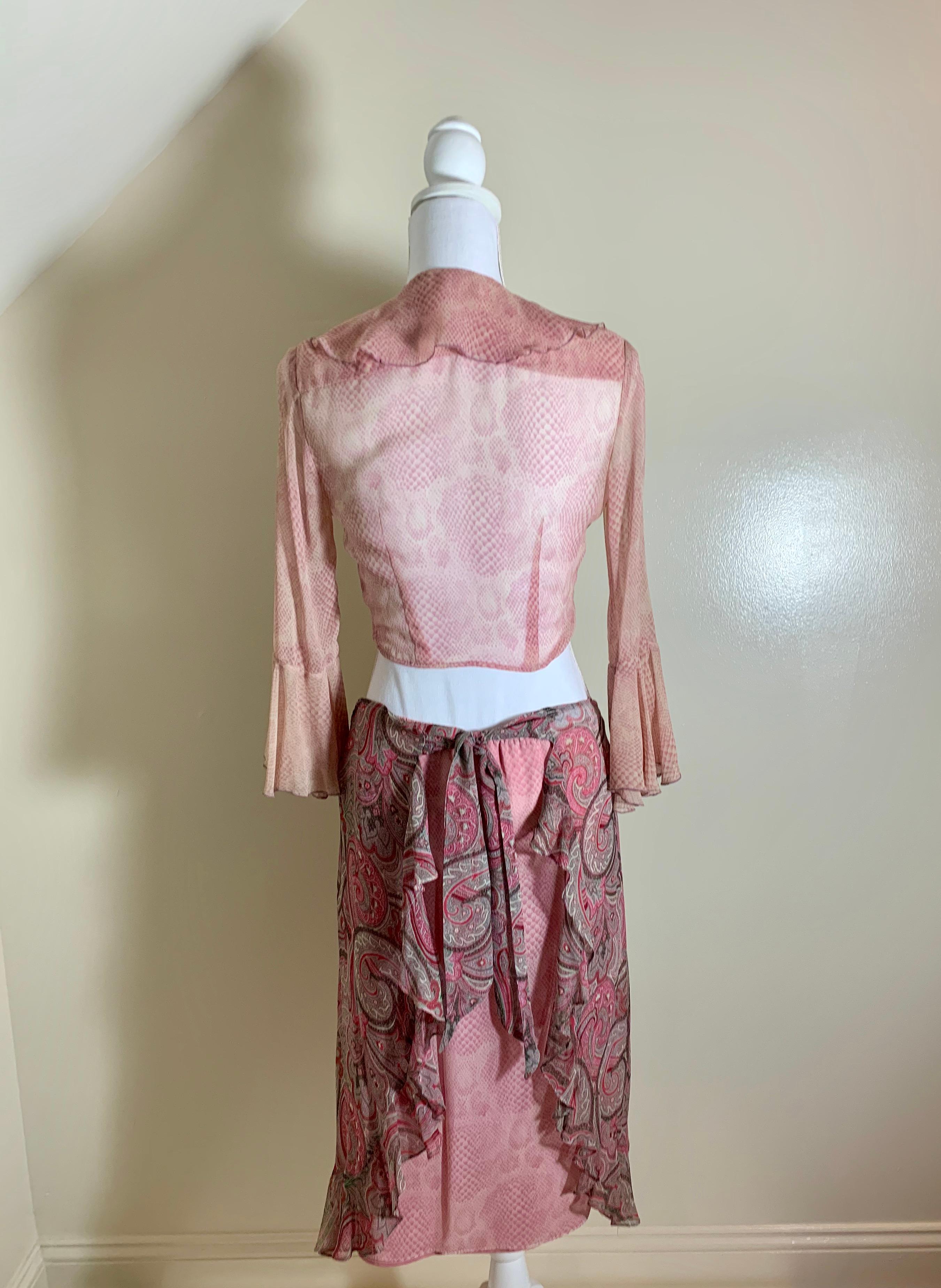 Hong Kong Anna Sui Vintage Two-Piece Pink Paisley & Snakeskin Print Ruffled Ensemble 1990s