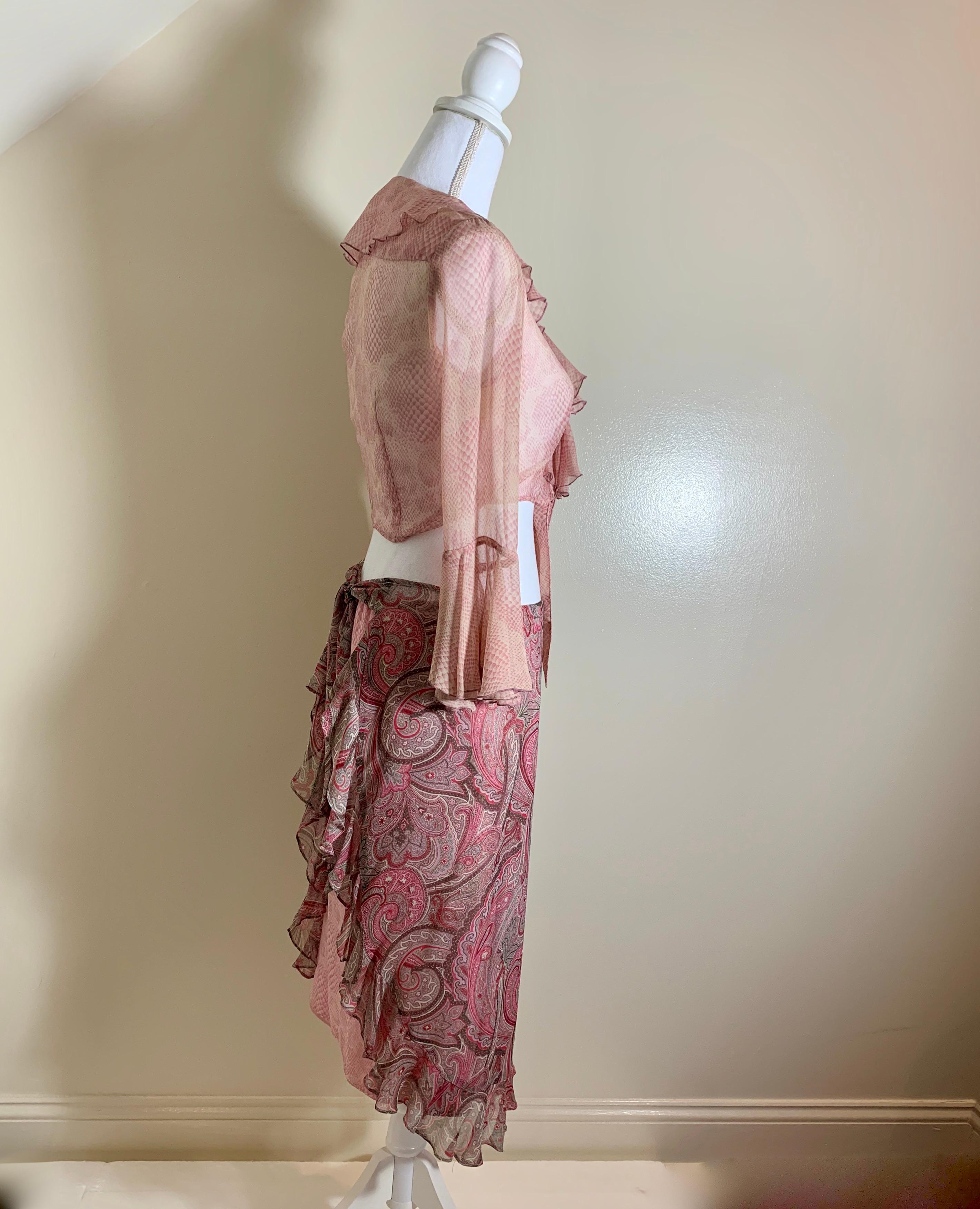 Dyed Anna Sui Vintage Two-Piece Pink Paisley & Snakeskin Print Ruffled Ensemble 1990s