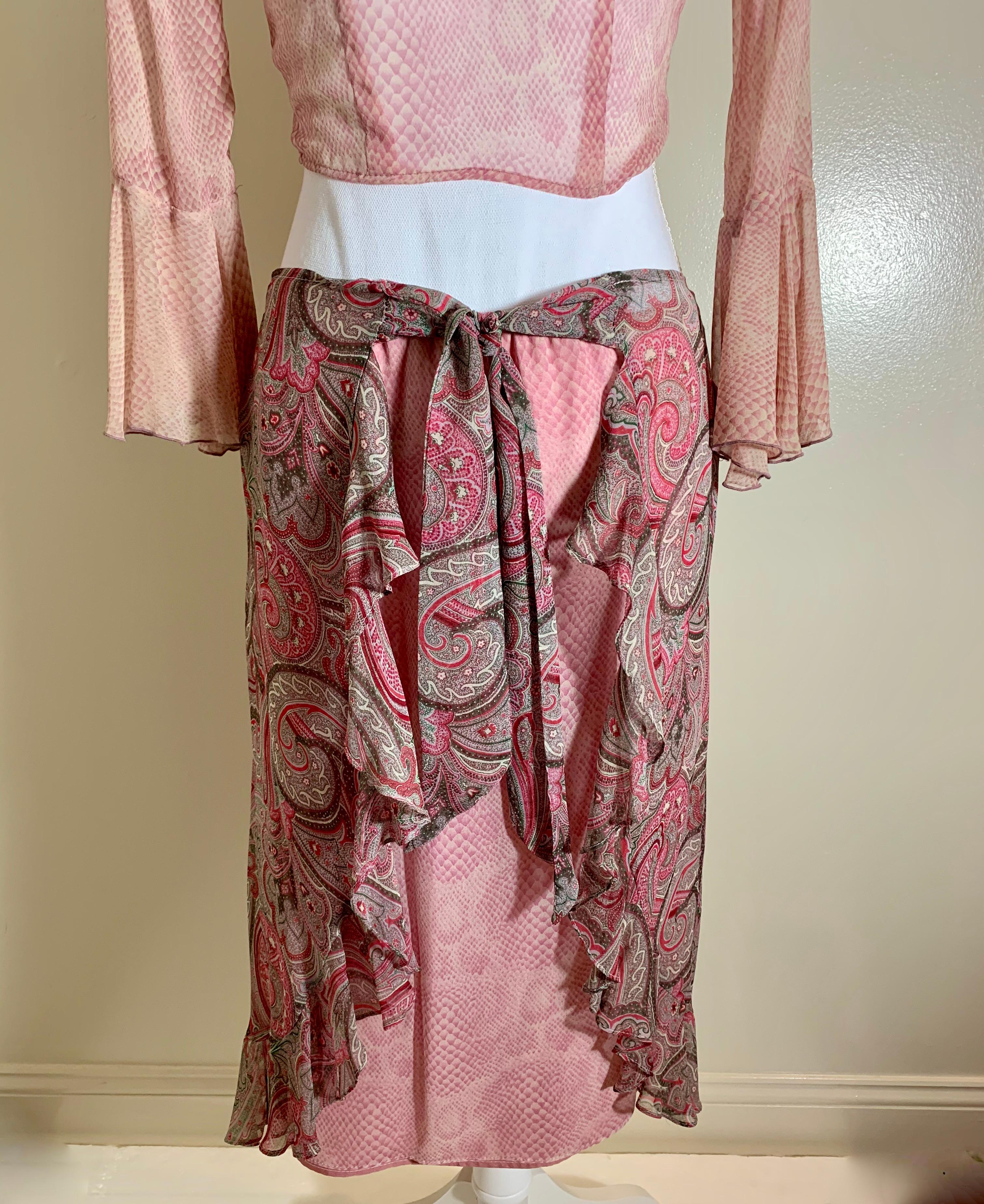 Anna Sui Vintage Two-Piece Pink Paisley & Snakeskin Print Ruffled Ensemble 1990s In Good Condition In Philadelphia, PA
